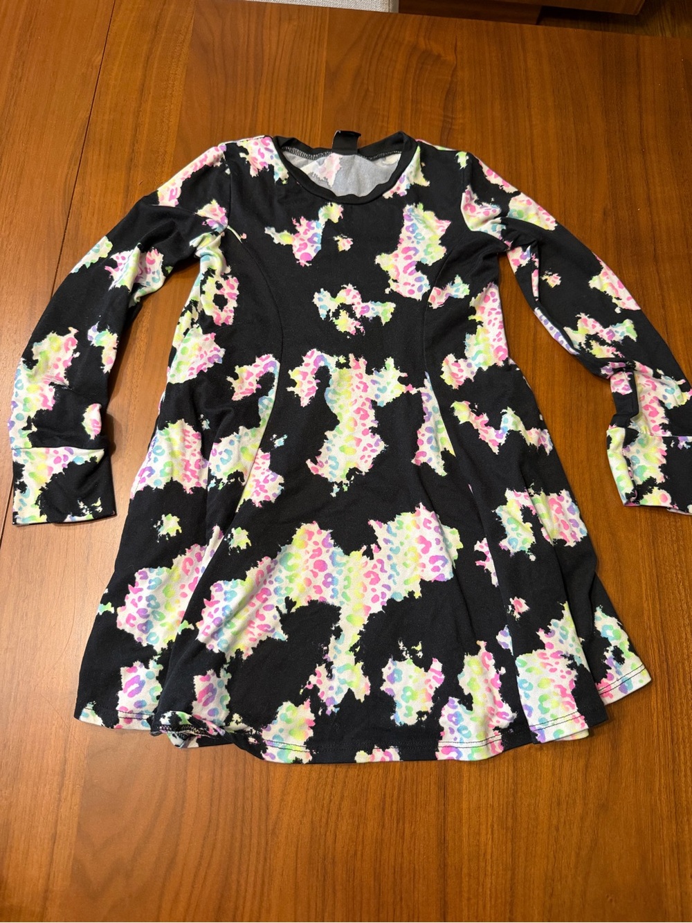 Girls' Black Floral Splash A-Line Long-Sleeve Dress